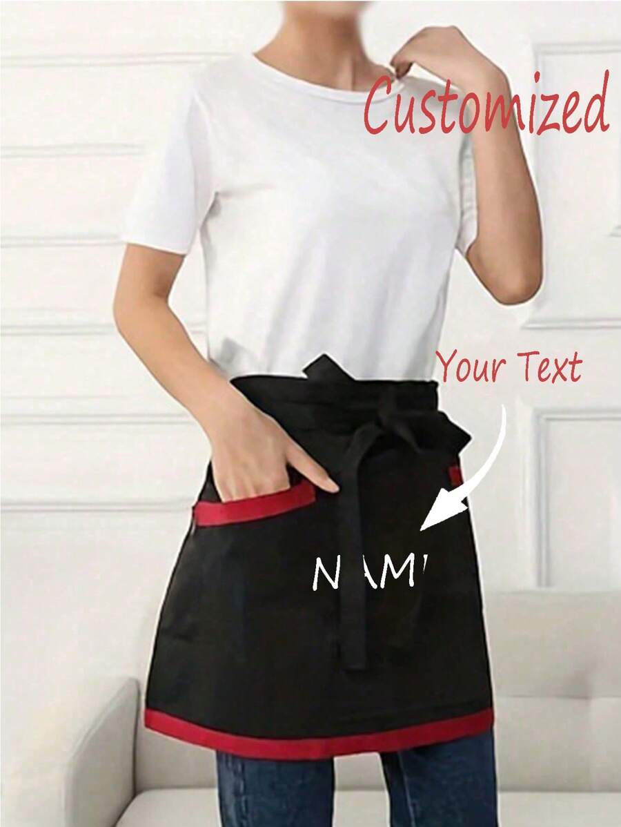 1pc Customized Unisex Polyester Apron With 2 Pockets, Short Half Waist Waiter Apron Work Uniform For Kitchen Supplies, Waitress Waiter Server Short Aprons Ideal For Waiters, Chefs, And Kitchen Supplies, Durable And Comfortable Half Waist Work Uniform