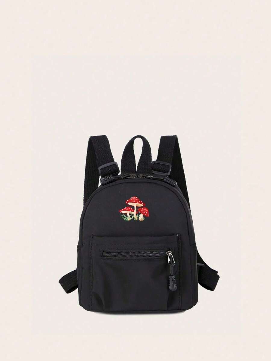 Solid Color Nylon Casual Chic Minimalist Mushroom Graphic Print Mini Backpack, Sporty Fashion Ladies Travel Rucksack