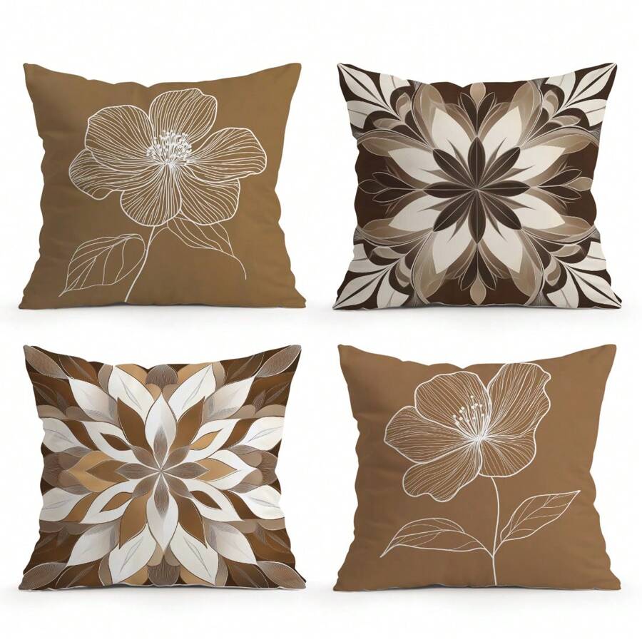 4pcs Brown Line Floral Print Set - Single-Sided Printed Throw Pillow Cover 45*45cm, Peach Velvet