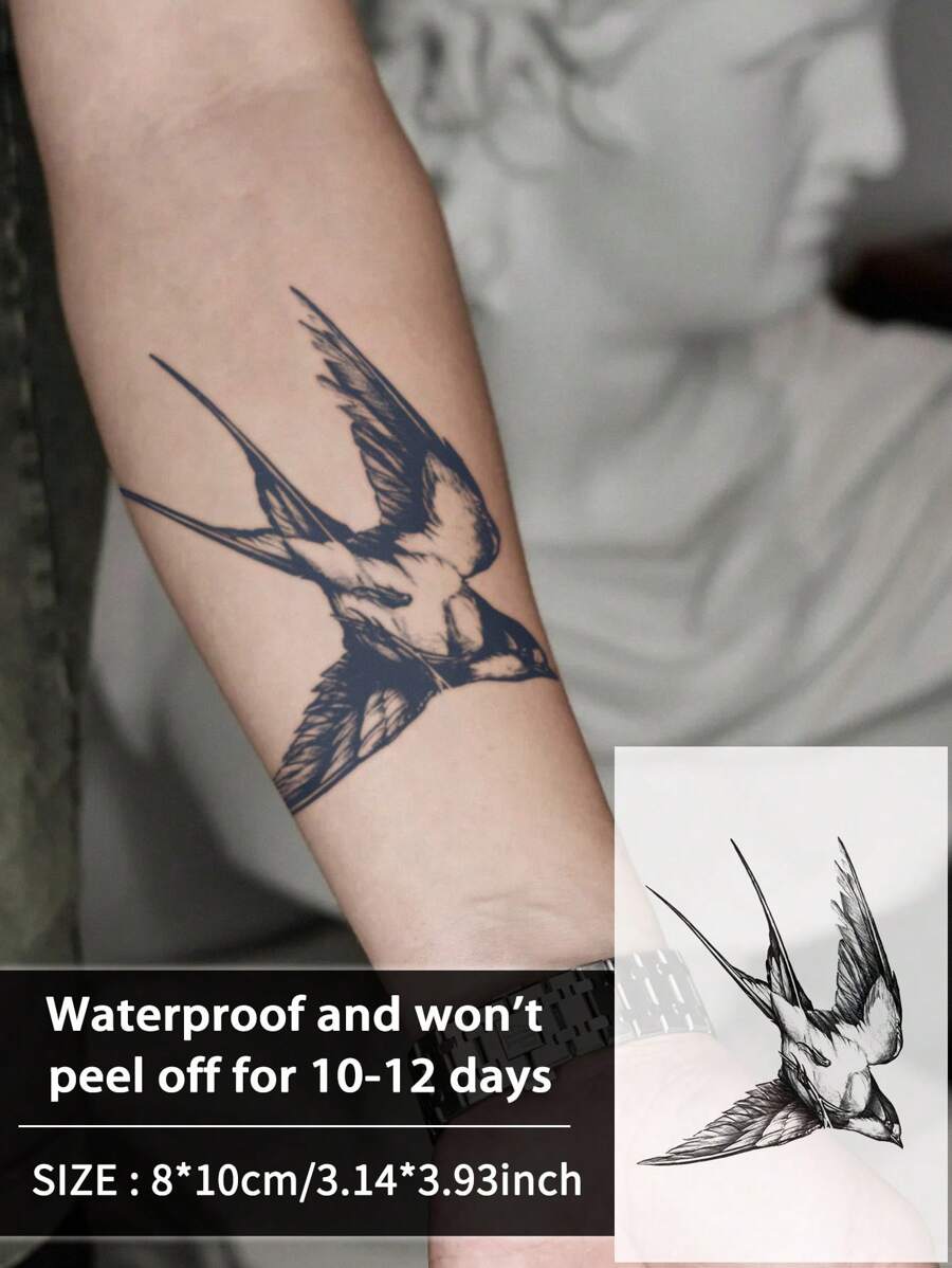 1Pc Swallow Bird Temporary Tattoos Semi Permanent Tattoo Waterproof Sweatproof Last For 1-2 Weeks Realistic Herbal Juice Anti-Friction Non-Reflective Faux Black Fake Tattoos For Woman And Men Tattoo Stickers For Arm, Chest, Leg, Abdomen, Waist, Finger, Neck Modernist Body Art