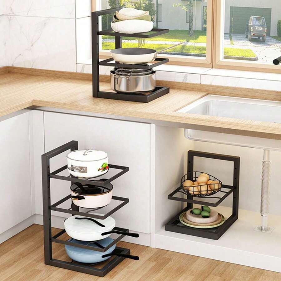 1pc Multi-Tier Kitchen Pot Rack, Cabinet Pot Organizer Rack, Heavy Duty Pot Rack Under Sink Storage, Adjustable Metal Pot Holder And Lid Rack, For Kitchen Organization And Storage