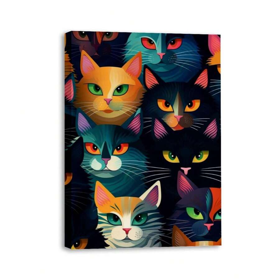 1 Piece Home Wall Decor Framed Canvas Cute Cat Animals Pattern Canvas Wall Art Paintings For Living Room - Canvas Framed Print Wall Artworks Bedroom Decoration Office Wall Decor