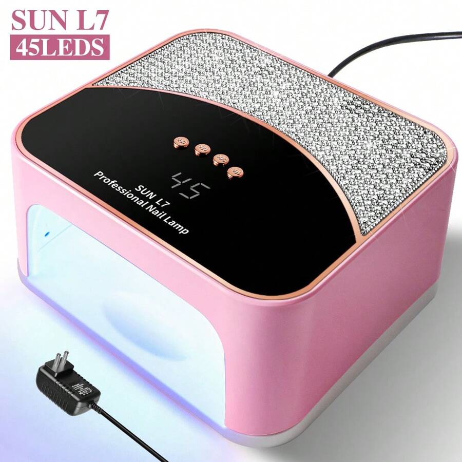 Nueva lámpara de uñas con adhesivo de diamante, lámpara de uñas profesional SUN L7 de 45 LED - Diseño cuadrado rosa con cristales incrustados, 4 ajustes de temporizador, curado rápido para esmalte de gel/UV, para salones y manicuras en casa - Rosa