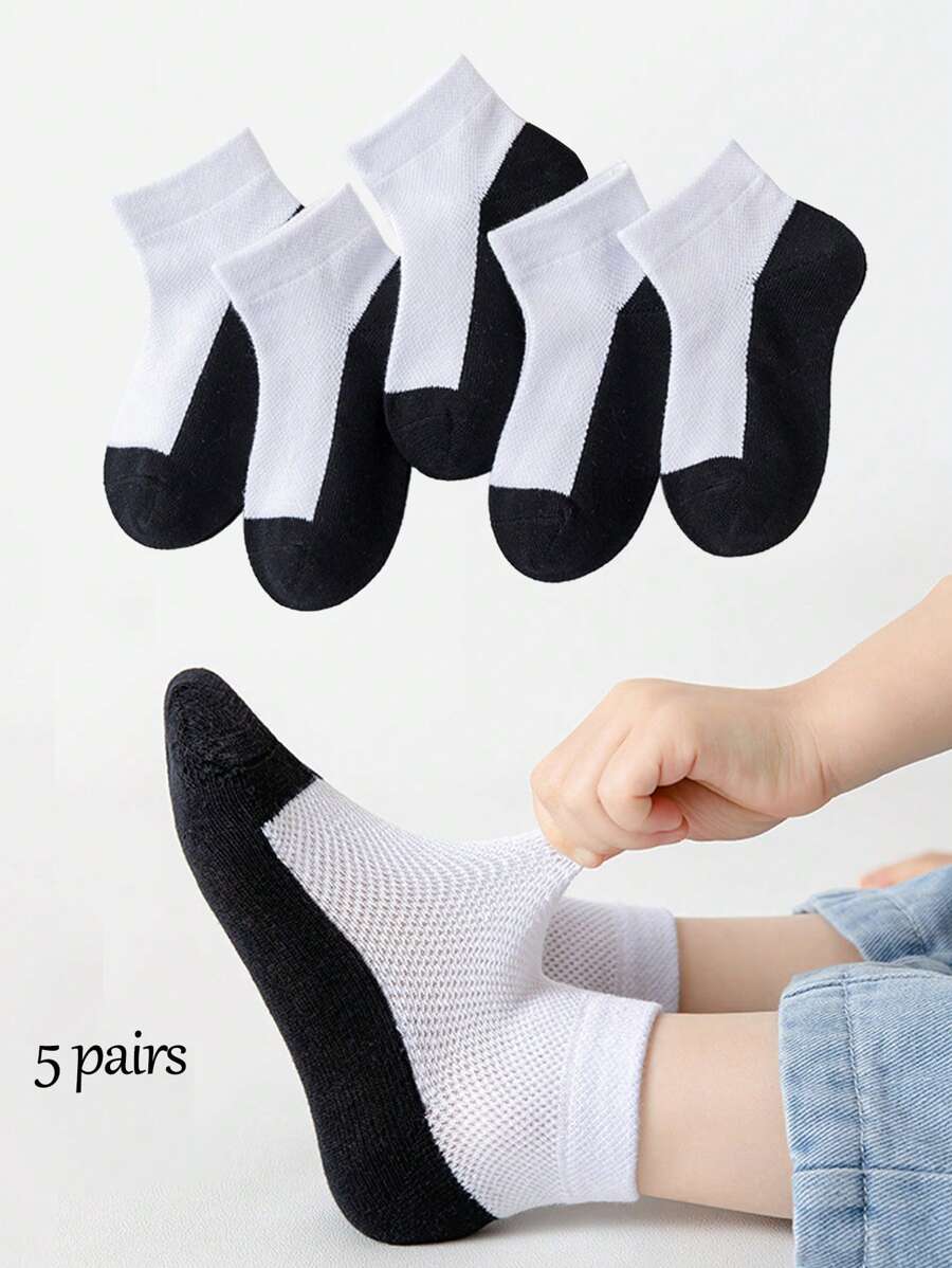 5 Pairs Of Spring And Summer Ankle Socks, Mesh Socks, Short Socks, Sports Socks, Student Socks, Casual, Color Blocking Design For Boys And Girls Aged 1-16