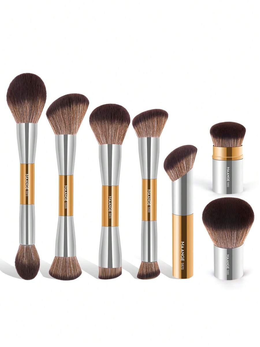 MAANGE 7-delige set make-upkwasten van volledig aluminium, blush, foundation, poeder, contouren, modelleren en highlighterkwasten, essentiële make-uptools met zacht haar en pluizig voor eenvoudig meenemen, kwast voor op reis, cadeau voor vrouwen en meisjes