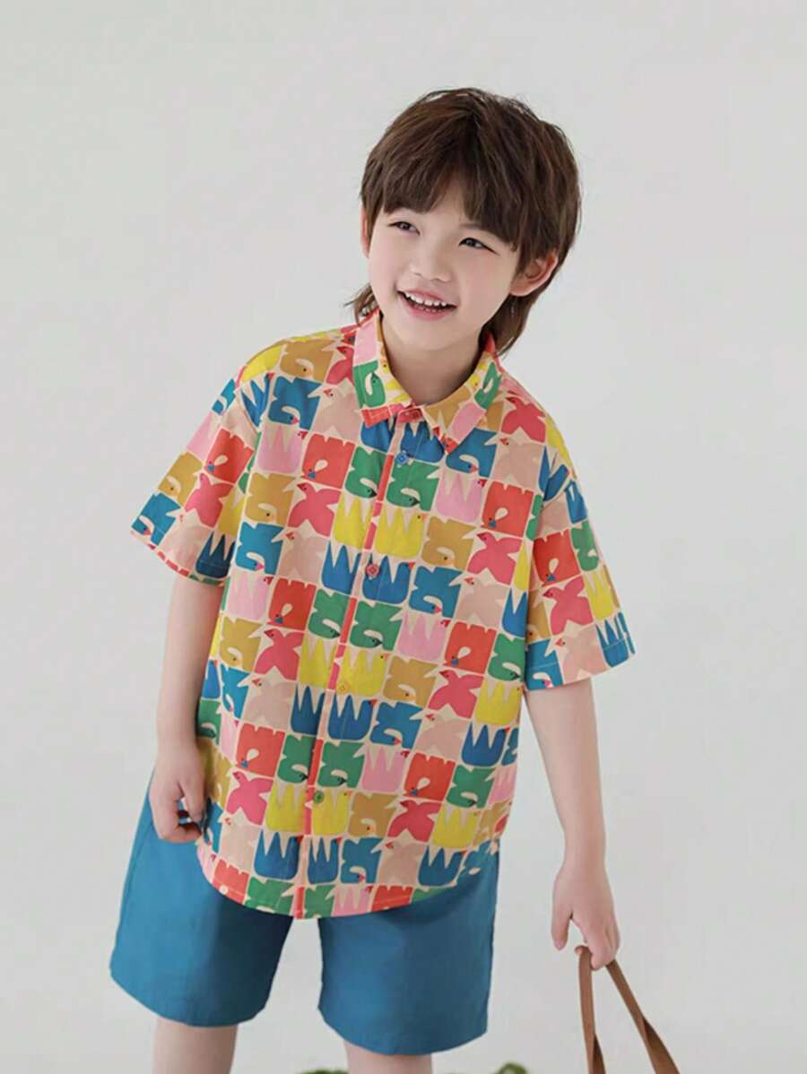 Chemise imprimée avec col pour jeunes garçons d'été, chemise casual mode pour jeunes garçons pour la plage, les vacances, les sports, l'extérieur, le streetwear