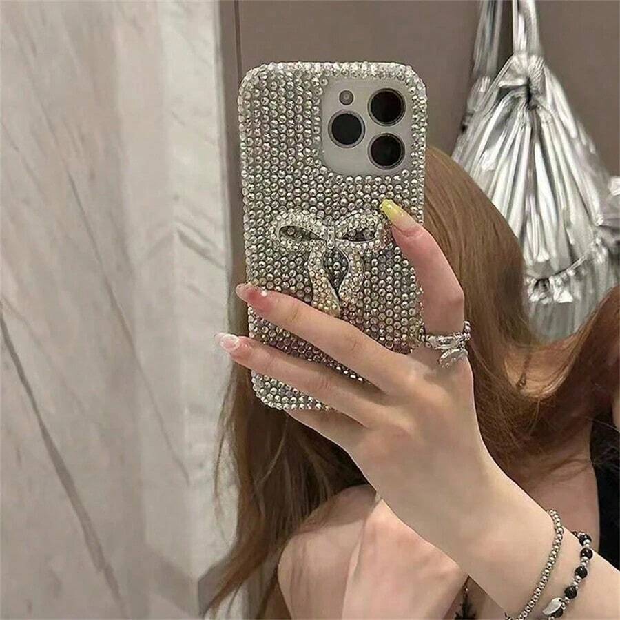 Bow-KnotLuxury Rhinestone Bowknot Design Silver Phone Case Compatible With IPhone 14 Pro Max, 14 Pro, 14, IPhone 15 Pro Max, 15 Pro, 15, IPhone 16 Pro Max, 16 Pro, 16, New IPhone 13, 11, 12 Women Style