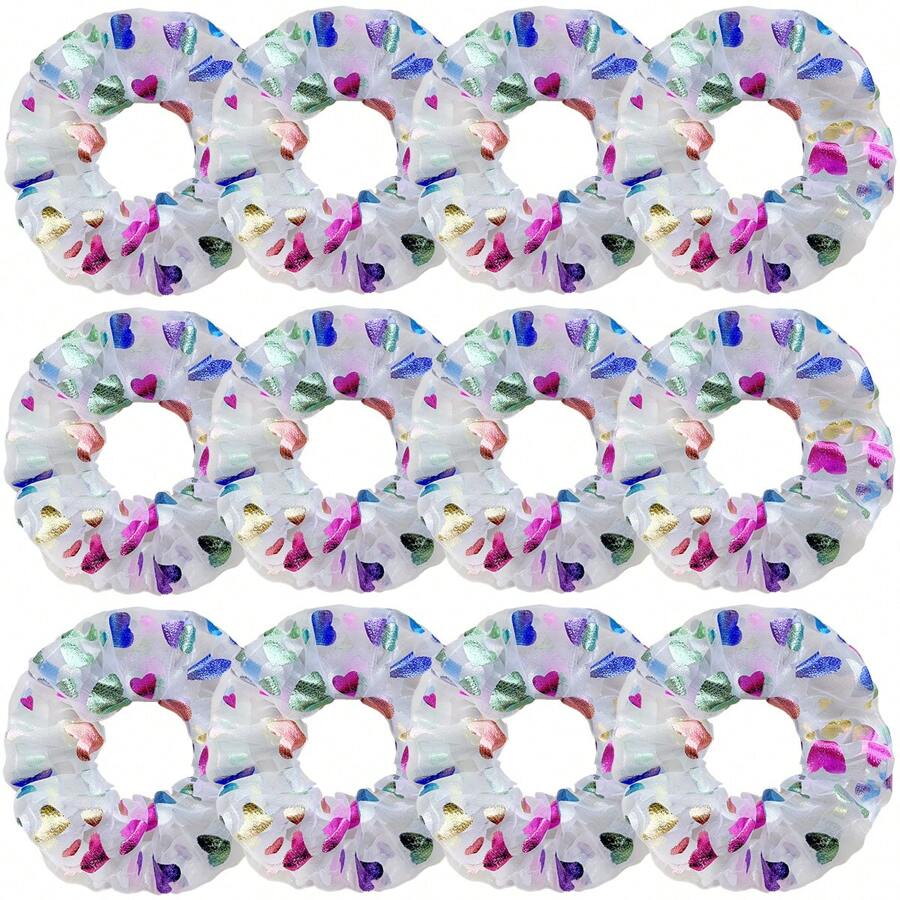 12pcs Cute Polyester Spiral Hair Scrunchies With Heart Shape Design, Colorful Accessories For Party And Dance, Spring/Summer