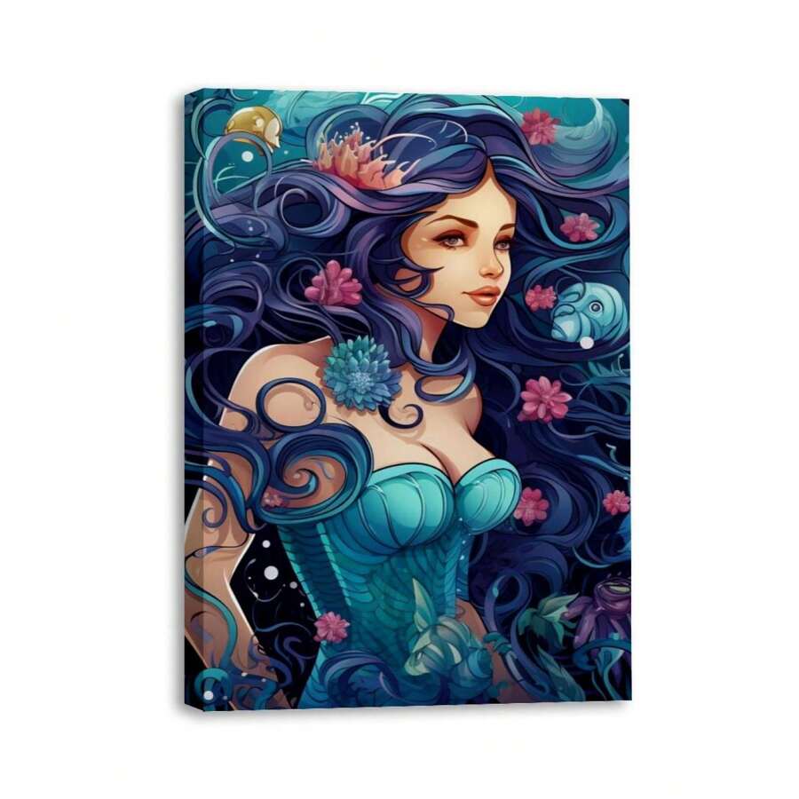 1 Piece Home Wall Decor Framed Canvas Mermaid Pattern Canvas Wall Art Paintings For Living Room - Canvas Framed Print Wall Artworks Bedroom Decoration Office Wall Decor