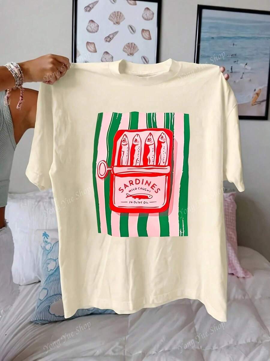 T-shirt à manches courtes pour femmes, col rond, impression graphique de sardines, décontracté pour tous les jours, top d'été pour femmes