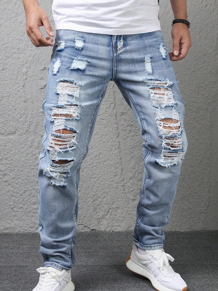 Jeans de mezclilla casual para hombres con efecto desgastado, lavado y rasgado