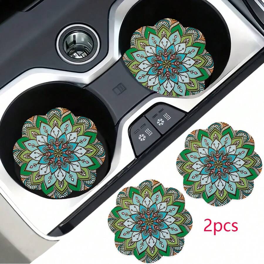 2pcs Bohemian Style Pattern Car Cup Coaster, Stylish Fast-Drying Non-Slip Car Cup Mat