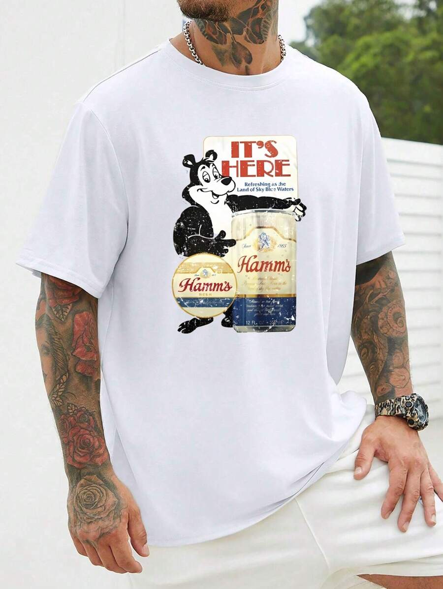 Cartoon Mouse Beer Can Fun Pattern Fashion Print T-Shirt , Men's 220g New Summer Casual Round Neck Heavy Pure Cotton Short-Sleeved T-Shirt