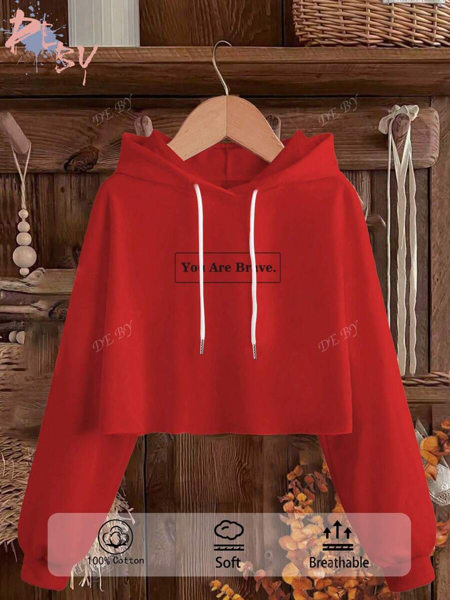 Sweat à capuche 100 % coton délavé, doux et respirant, avec cordon de serrage tronqué, style rétro américain, décontracté, col rond, manches longues, confortable et polyvalent, motif éponge bouclée, imprimé avec slogan créatif << You are brave »