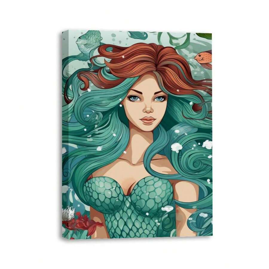 1 Piece Home Wall Decor Framed Canvas Mermaid Pattern Canvas Wall Art Paintings For Living Room - Canvas Framed Print Wall Artworks Bedroom Decoration Office Wall Decor
