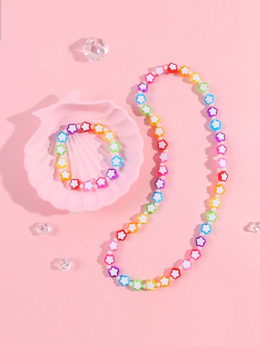 Set de 2 piezas de pulsera y collar con cuentas de flor acrílica colorida para niñas, apropiado para uso diario, fiestas y festivales