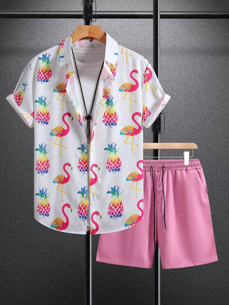 Pineapple & Flamingo Print Short Sleeve Shirt And Pink Shorts Set, Casual Summer