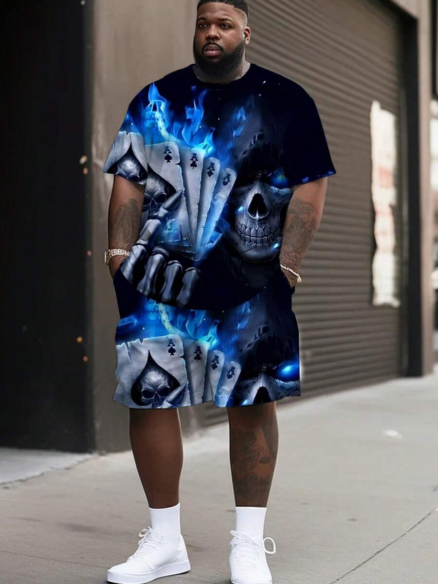 1 Set Plus Size Men's Fashion Printed Short Sleeve T-Shirt And Shorts Set, Casual Sporty Round Neck With Slight Stretch And All-Over Print