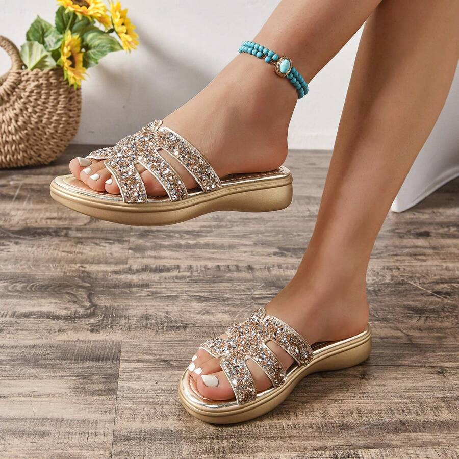 2025 New Women Slippers Fashion Slip-On Thick Platform Wedge Sandals, Glitter Strap Open Toe Beach Hollow Slippers Large Size 43 EU, Comfortable Mother Shoes