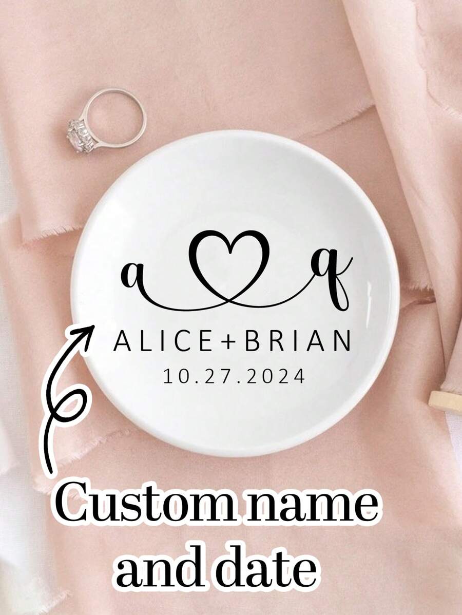 1/2/5Pcs Personalized Name Date Ceramic Ring Plates, Custom Jewelry Boxes, Customized Bride Engagement Gifts, Customizable First Marriage Ring Plates, Bride And Groom Gifts, Bride Proposal Gifts, Bride Showers, Anniversary Gifts, Personalized Ring Plates