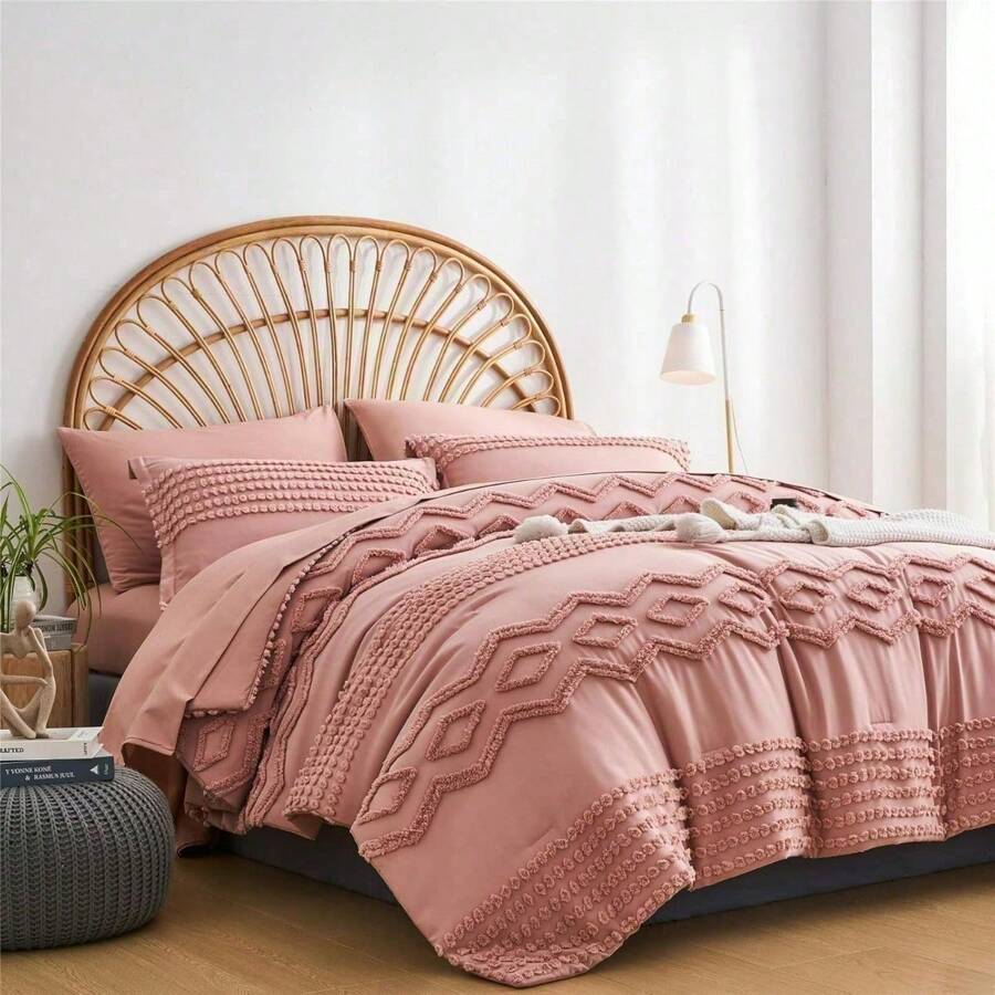 7 Piece Blush Pink Tufted King Size Comforter Set - Shabby Chic Boho, With Comforter And Sheet Set, All Season Soft Microfiber Bed In A Bag