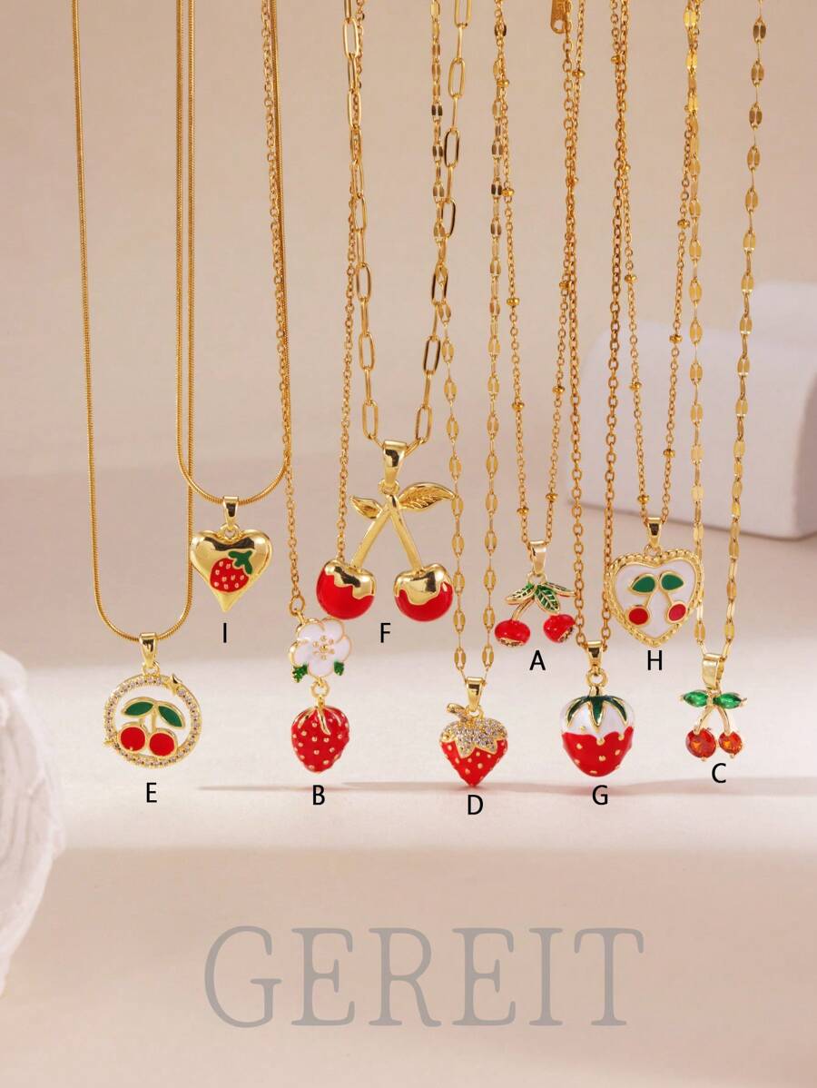 1pc 18K Stainless Steel Oil-Drop Strawberry & Cherry Zirconia Necklace, Elegant Jewelry Accessory For Women, Suitable For Daily Wear And Gatherings