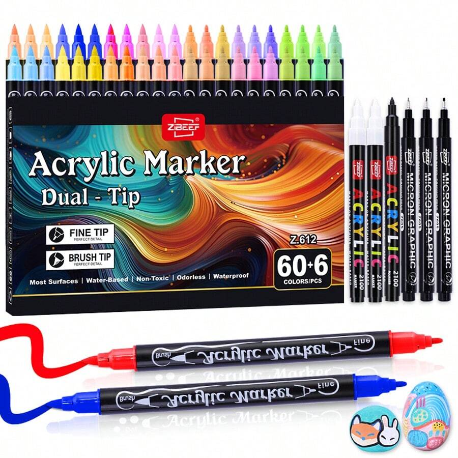 60 kleuren acrylmarkers, markeerstiftset, duurzaam, vervaagt niet snel, geschikt voor schilderen, illustraties, handgemaakte kunst, andere creaties en doe-het-zelfprojecten, geschikt voor papier, stof, hout, steen, plastic, glas, keramiek, pompoen enz., acrylverfmarkers voor kinderen en volwassenen, voor school, begin van het schooljaar, voor kleurboeken, Thanksgiving, Halloween, kerstcadeaus