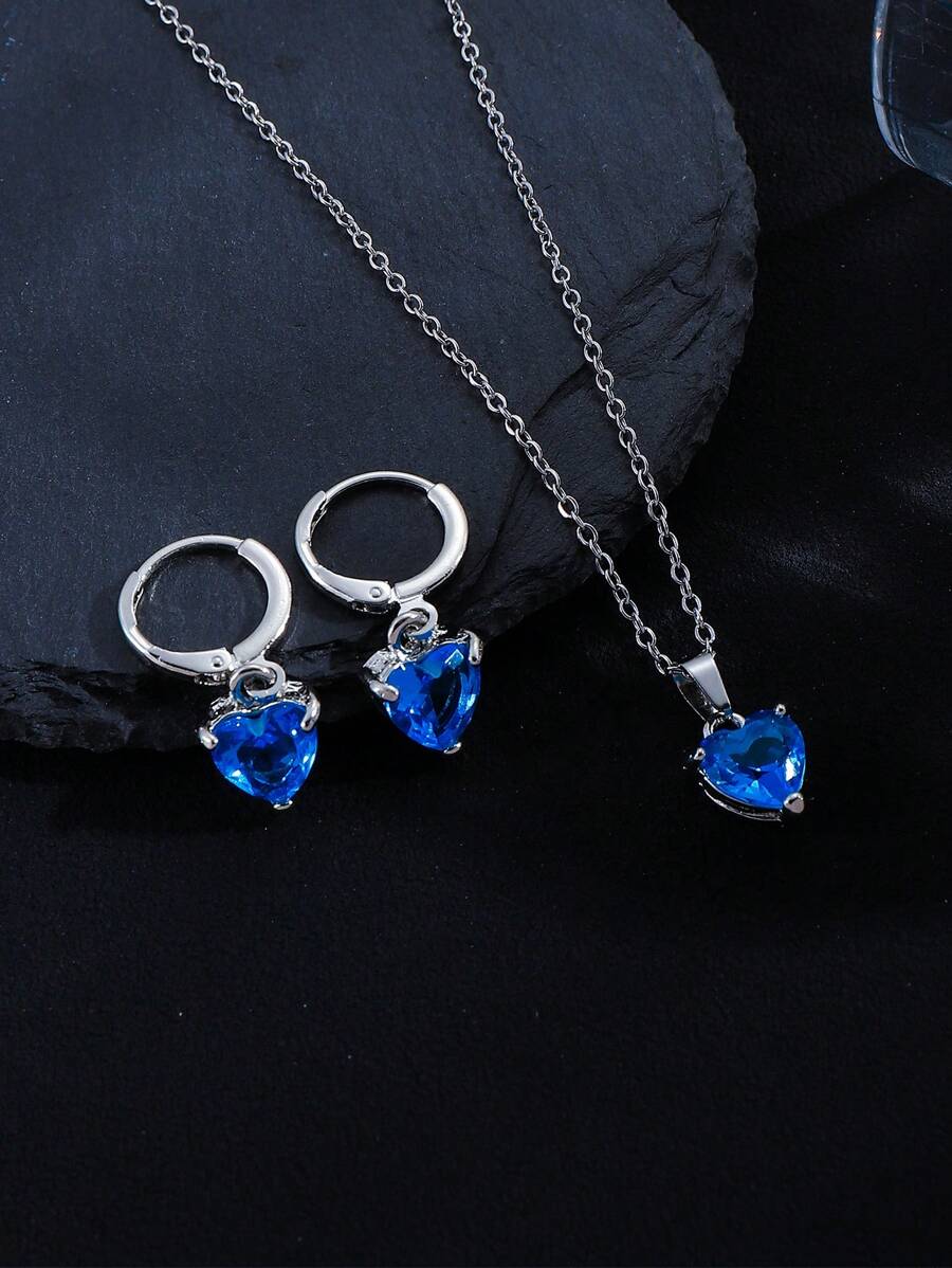 3pcs/Set Heart Shaped Earrings, Ring And Titanium Steel Chain Necklace Jewelry Set For Women, Creative & Fashionable