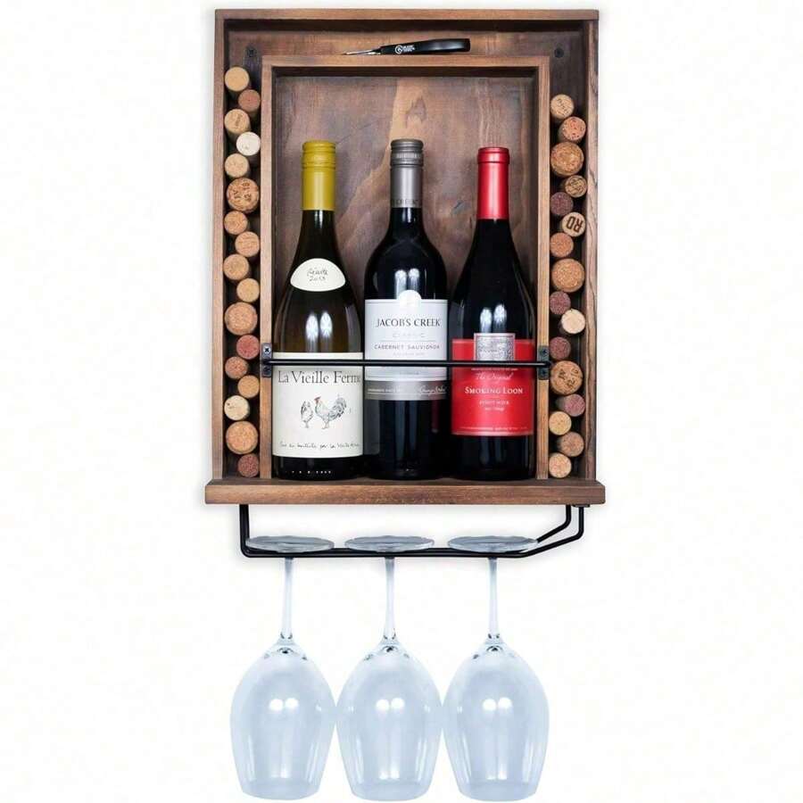 Kayra Wall Mounted Wood Wine Bottle Box Rack With Cork Storage Glassware Holder Stemware Shelf Organizer - Home, Kitchen, Dining Room Bar Décor - Walnut