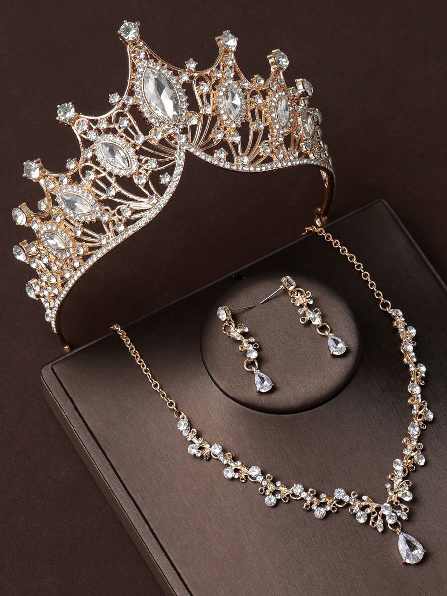 4 pièces Ensemble de bijoux de mariée avec couronne en strass, incluant une couronne, un collier et des boucles d'oreilles, convient pour le mariage, les accessoires de robe de mariée, la fête de mariage
