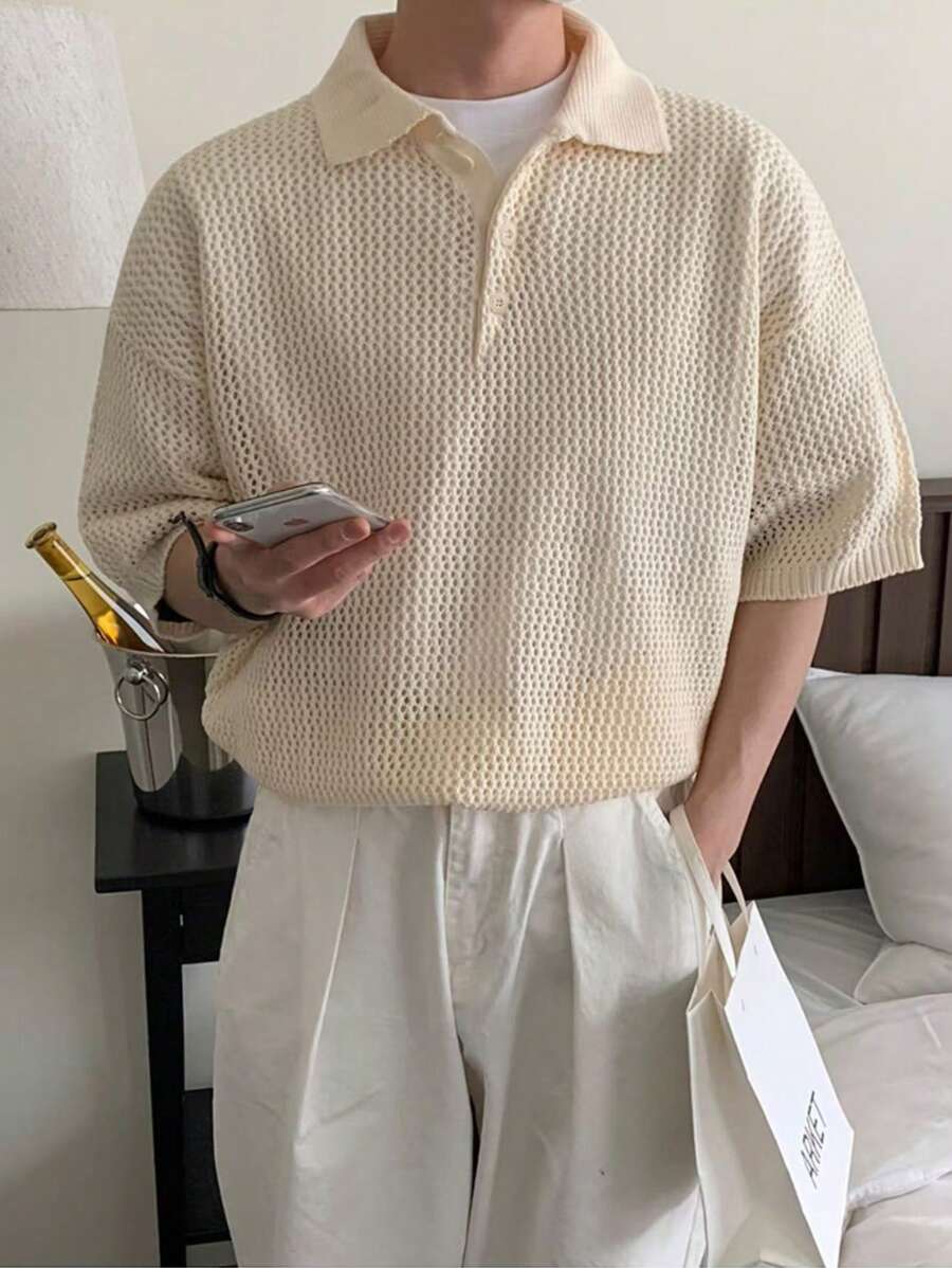 Men's Spring Summer Fashion Solid Color Knitted Top, Daily Commuting/Vacation/Cool Dad Mode
