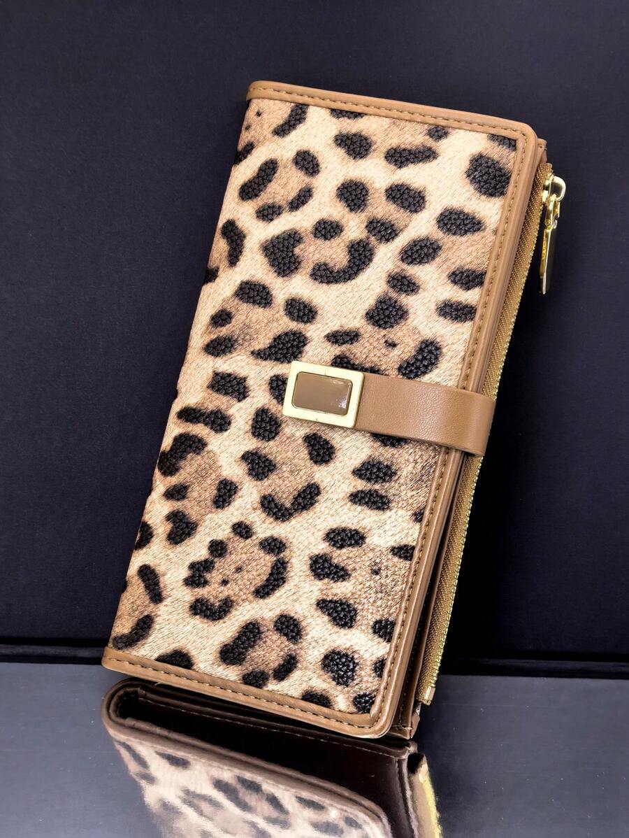 Billetera de mujer de estilo largo, bloques de color, moda estampado de leopardo y corteza, portacartillas multifuncional, bolsillo elegante con botón de presión, gran capacidad, monedero con cierre, conveniente para llevar, adecuado para regalos de vacaciones