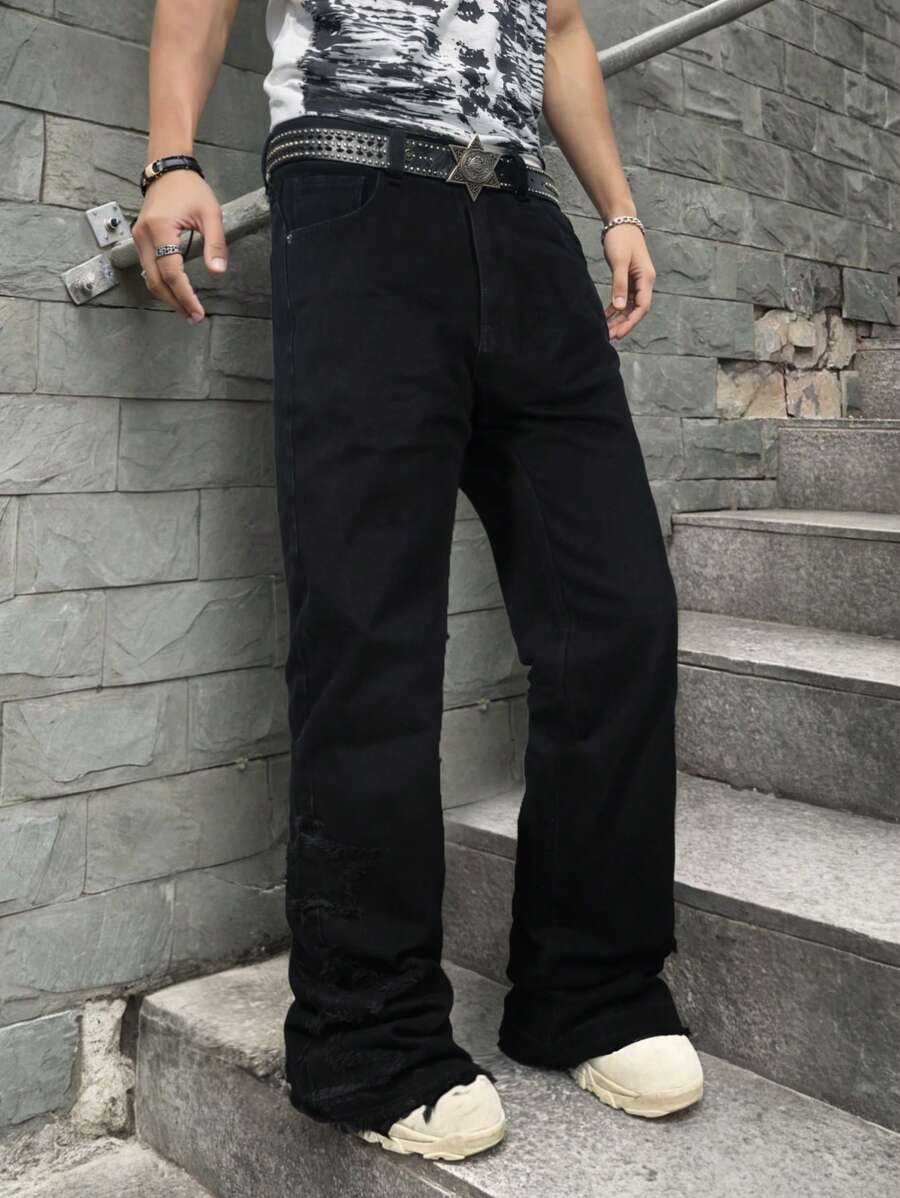 Jeansy Streetwear Wide Leg Men, Patchwork Water-Wash Casual Straight Leg Pants, Markowe spodnie z rozdartymi nogawkami