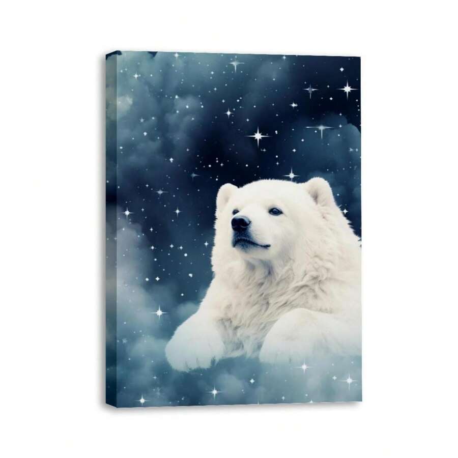 1 Piece Home Wall Decor Framed Canvas Starry Polar Bear Pattern Canvas Wall Art Paintings For Living Room - Canvas Framed Print Wall Artworks Bedroom Decoration Office Wall Decor