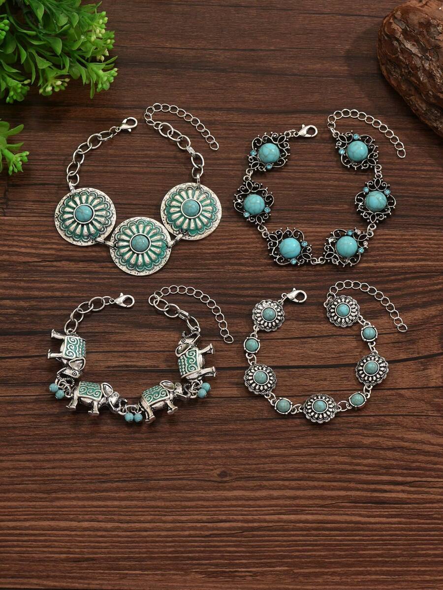 1 peça Pulseira estilo boêmio com design de girassol e flor de abóbora turquesa, pulseira vintage com flor pequena turquesa para mulheres, adequada para uso diário