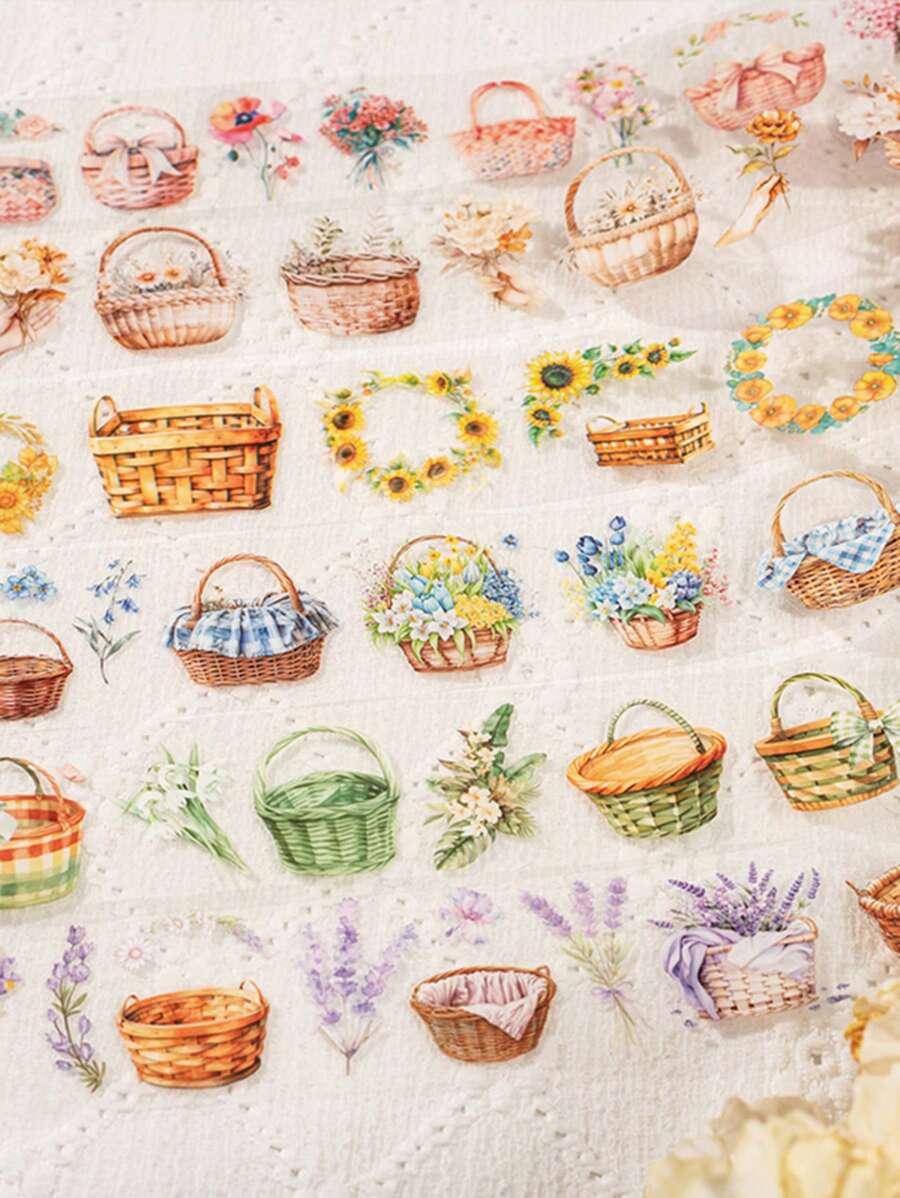 1 Roll PET Vintage Flower Basket Theme Washi Tape, Floral Series Decorative DIY Scrapbooking Materials For Planners/Notebooks/Journals/Diary/Cup/Calendar Etc. -Fresh Creative DIY Collage Scenery Materials