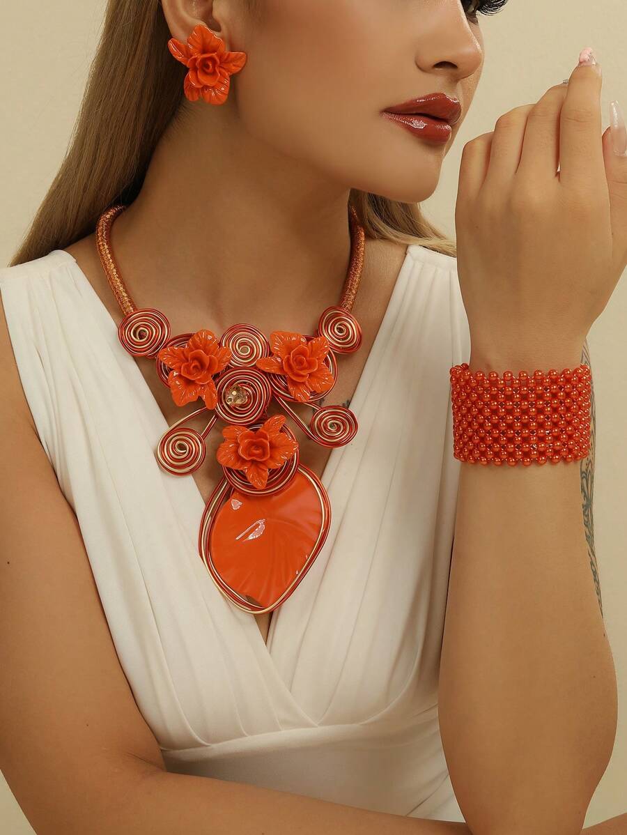 Bijou exagéré fait main avec perles, fil d'aluminium, acrylique, fausses perles. Style bohème, Europe & Amérique, Inde, cowboy occidental, resort, soirée, africain, vintage. Collier, bracelet, boucles d'oreilles