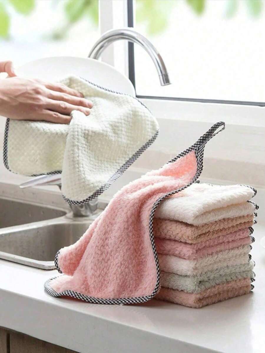 10Pcs Dishwashing Towel, Hangable Kitchen Cleaning Towel, Coral Velvet Towel, Dish Washing Table Cleaning Household Towel Random Color, Non-Stick Oil Dish Cloth, Double-Sided Absorbent Thickening Scouring Pad, Kitchen Cleaning