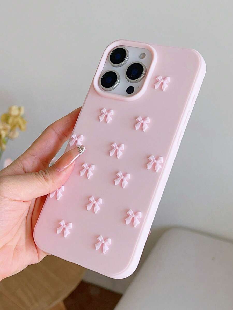 1pc Cartoon Pink Bow Design DIY 3D Silicone Phone Case, Compatible With IPhone Series