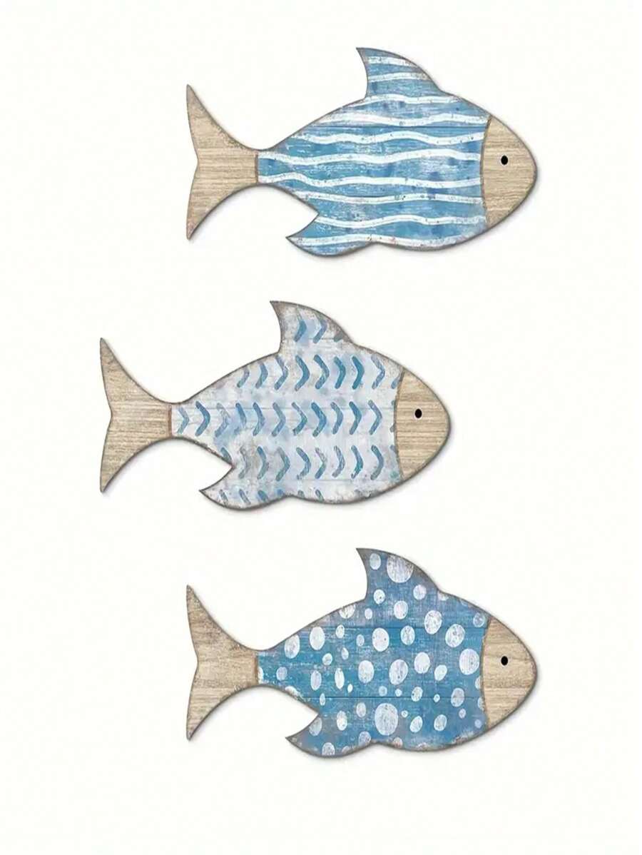 3 pezzi, decorazione da parete in legno a forma di pesce, tema nautico marittimo, scultura decorativa in legno a forma di pesce da appendere, per arredamento di case al lago o in riva al mare, decorazioni vintage per casa, bagno, camera da letto