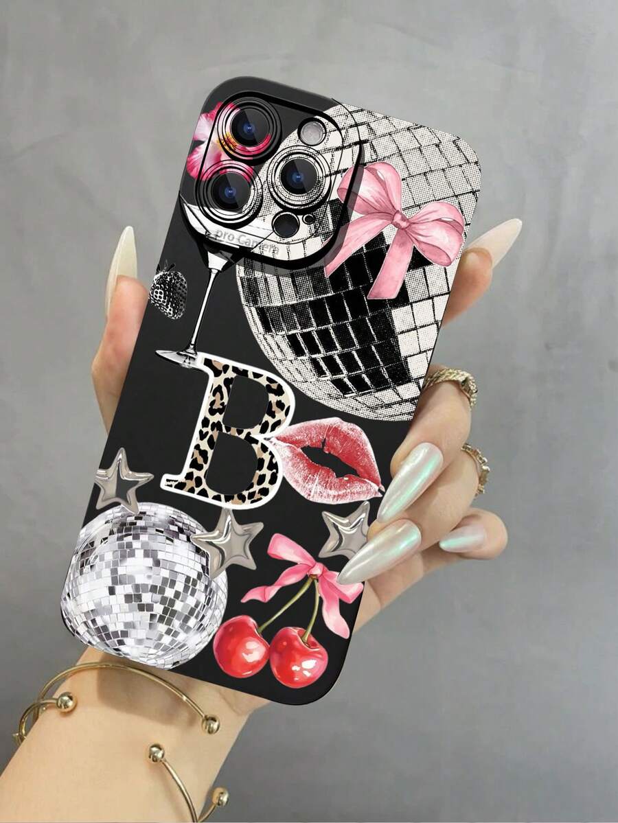 1 pieza Funda suave para teléfono con diseño de órbita luminosa con letra B minimalista, patrón de cereza y unicolor de ojos de ángel, compatible con iPhone 16/16Plus/16Pro/16ProMax
