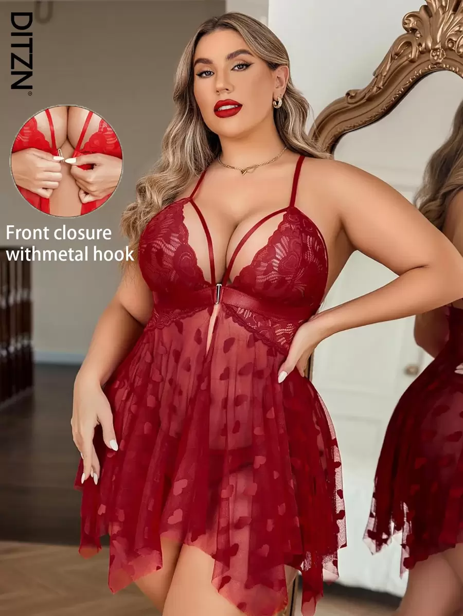 DITZN Plus Size Women's Erotic Sexy Dress Lace Pajamas Pajamas Homewear (Free Thong) For Rave