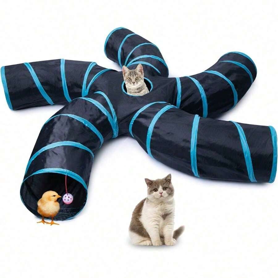 Blue And Black 5-Way Large Collapsible Cat Tunnel With Play Ball: S-Shaped, Interactive Peek Hole Pet Tube Toys For Cats, Puppies, Kittens, And Rabbits
