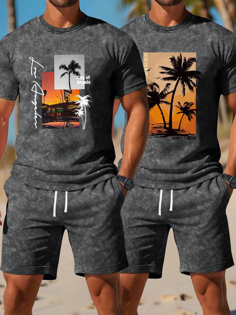 4 pièces/set T-shirt ample à manches courtes + short pour hommes, tenue de sport décontractée d'été, style rue, extérieur, randonnée, plage avec lettres, t-shirt à motif arbre de noix de coco et short à cordon de serrage à la taille