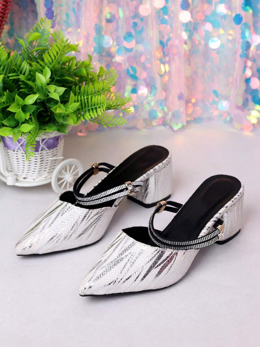 Sandalias de tacón alto con punta afilada plateada. Tira decorativa brillante + suela antideslizante. Esencial para mujeres de . Efecto adelgazante y aumento de altura de 5 cm. Sandalias para mujer de uso exterior. ¡Oferta especial por tiempo limitado!