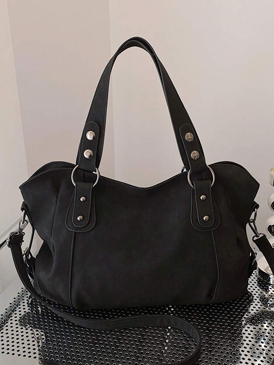 Vintage Minimalist Large Capacity Fashionable Student/Work Commute Tote Bag, Rivet Motorcycle Style Suede-Like Fabric, Handbag & Shoulder Bag For Women Daily Use