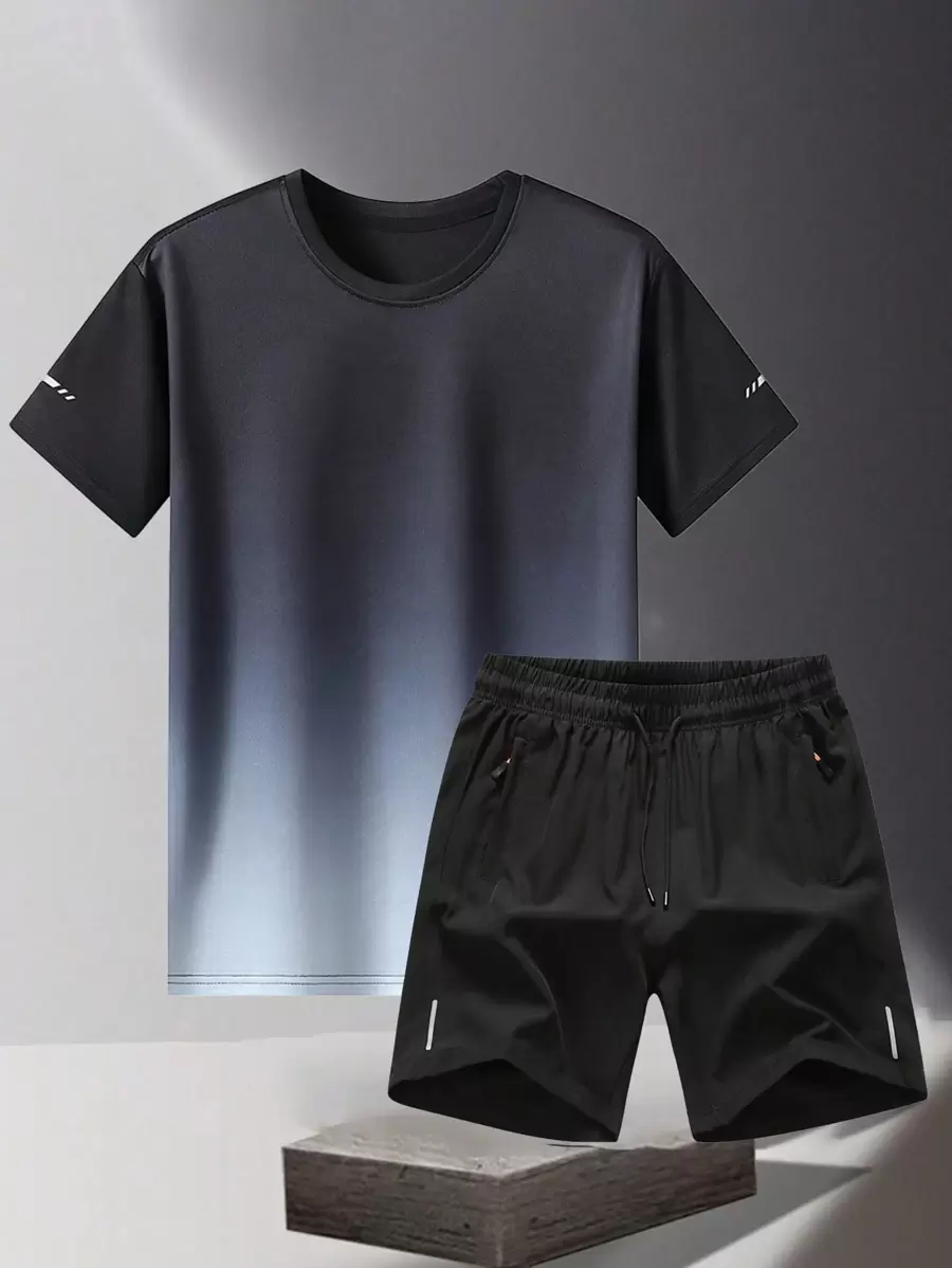 Conjunto deportivo para hombres, ropa de fitness de secado rápido de seda de verano con degradado, camiseta de manga corta, pantalones cortos de ciclismo, camiseta de baloncesto, conjunto de correr