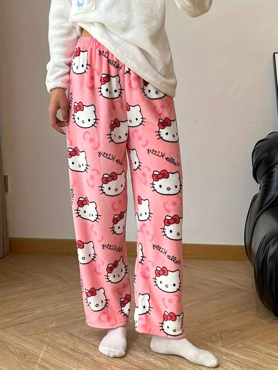 Sanrio Calça de Pijama de Flanela Confortável Hello Kitty Sanrio - Roupa de Dormir Rosa, Calça Casual para Casa, Calça de Flanela para Outono/Inverno, Adequada para Casais ou Amigos, Férias