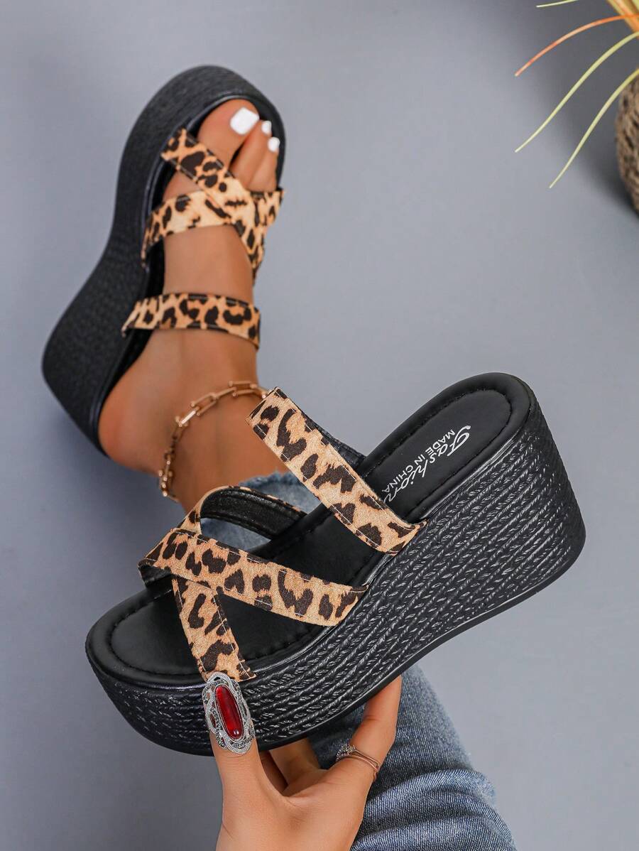 Women's Leopard Print Cross Strap Wedge Sandals, 2025 New Summer Open Toe Non-Slip Platform Sandals
