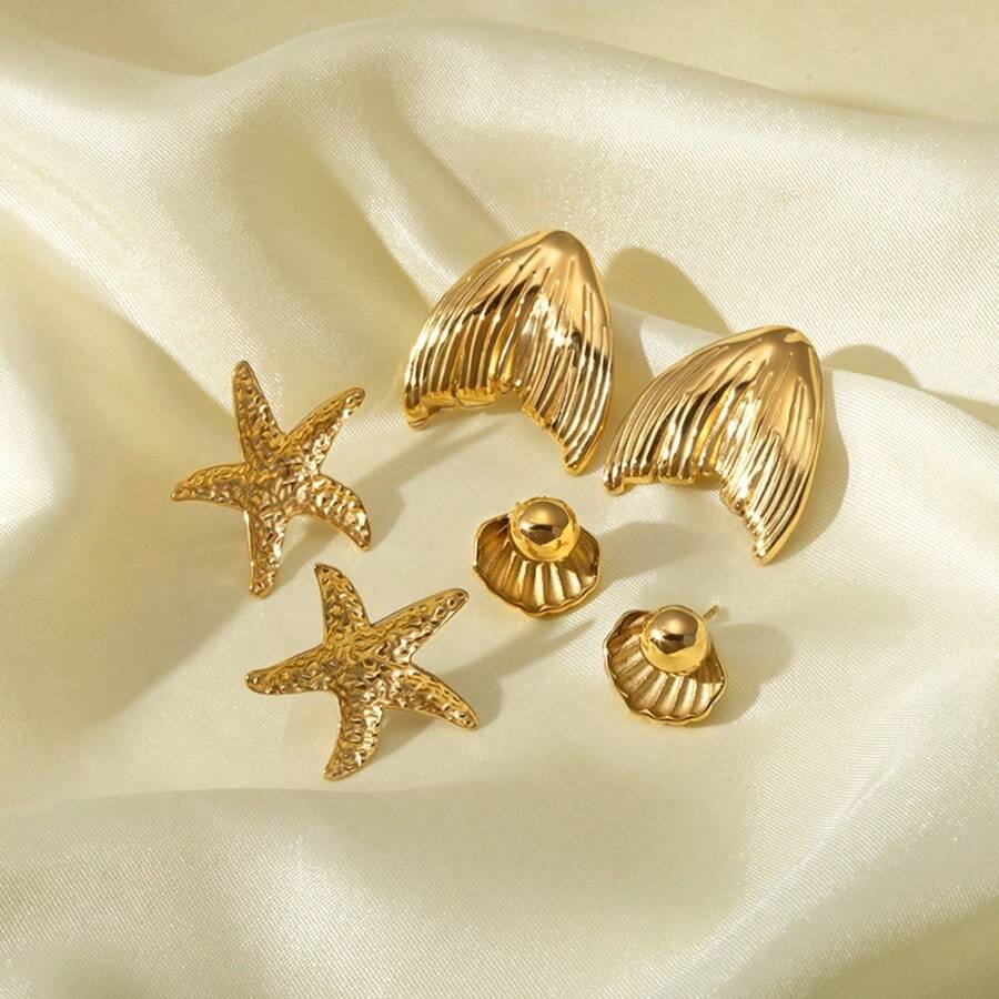 1 Pair Stainless Steel Minimal Chic 18K Plated Starfish & Shell Studs Earrings, Suitable For Party, Date, Office Wear